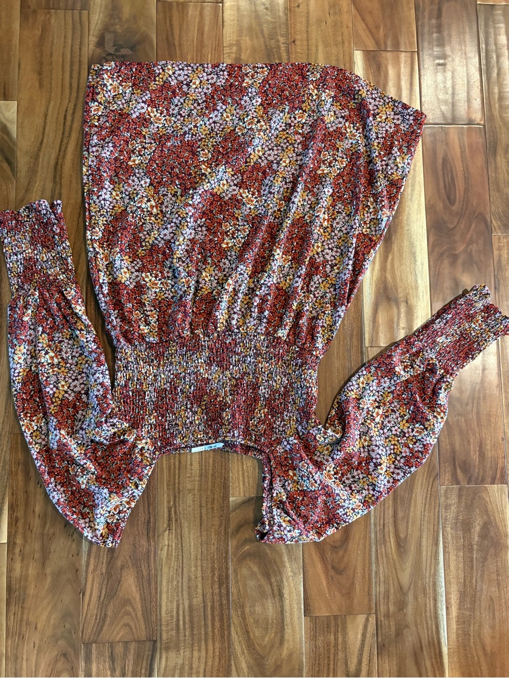 Floral Smocked Waist Long-Sleeve mini dress in Multicolor flowers